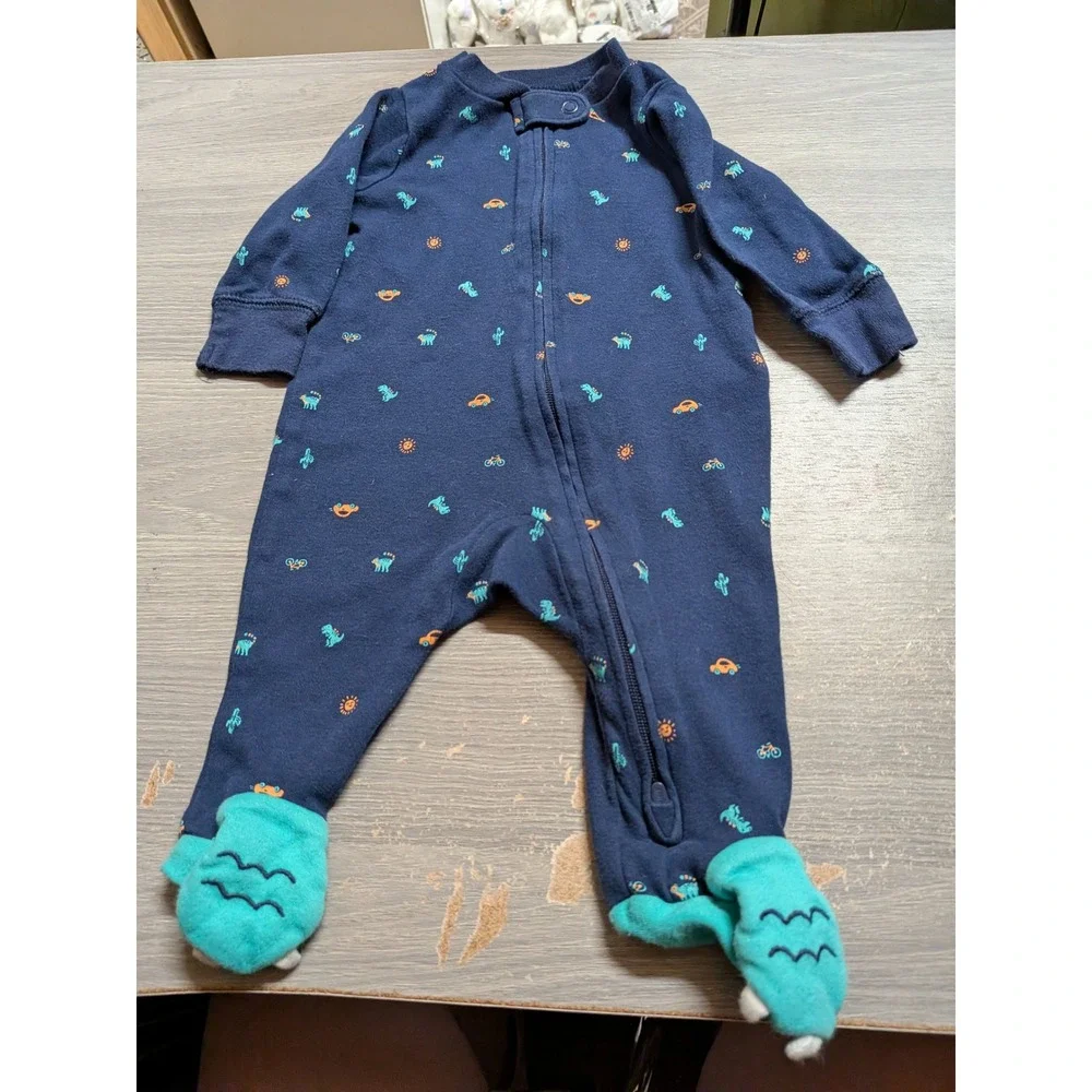 Carter's Navy Blue Dinosaur Monster Claw Footed Pajamas Two Way Zip Sleeper